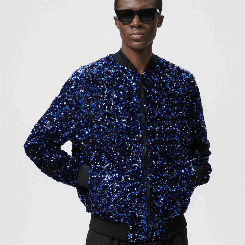 Zara Mens Sequin Bomber Jacket L
